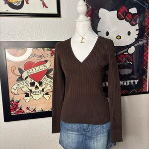 Brown Knit V Neck Sweater